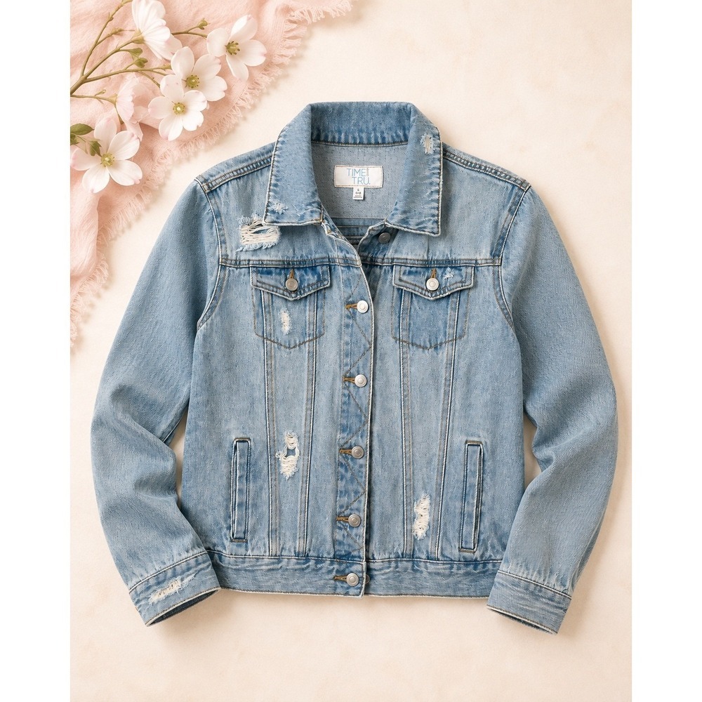 Time and Tru Denim Jacket Womens S Light Wash Excellent Distressed Trucker - Picture 2 of 16